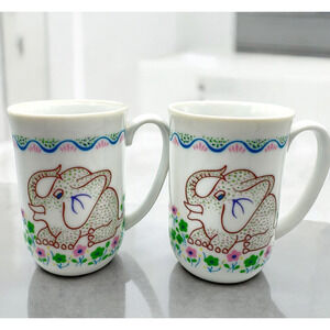 Vintage Seymor Mann Safari Coffee Mugs 1976 Elephant Set of Two Colorful Festive